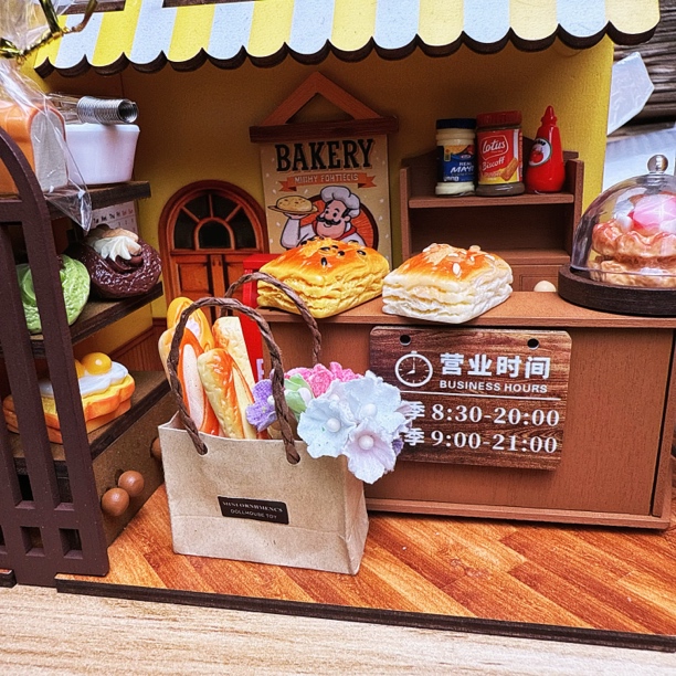【定制款面包店】娃娃屋摆件场景，木质DIY材料，微缩场景面包店、食完
