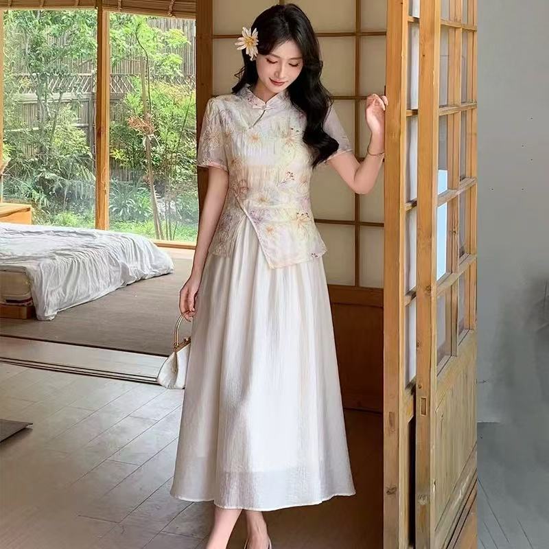 2025夏季小香风国风新中式盘扣立体提花假两件气质连衣裙#800