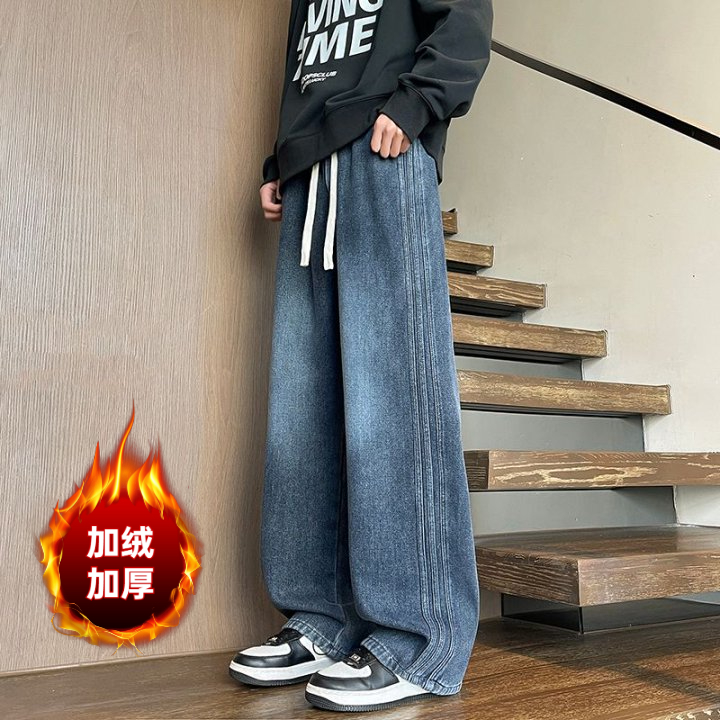 2025秋冬新款软牛仔松紧腰头抽绳款宽松直筒百搭休闲男裤大码男士