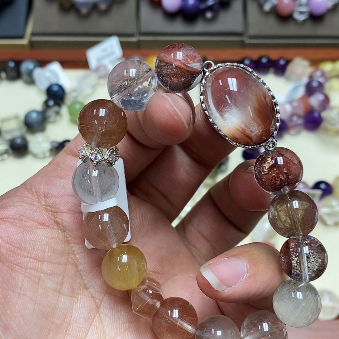 水晶手串银S925镶嵌兔毛水晶