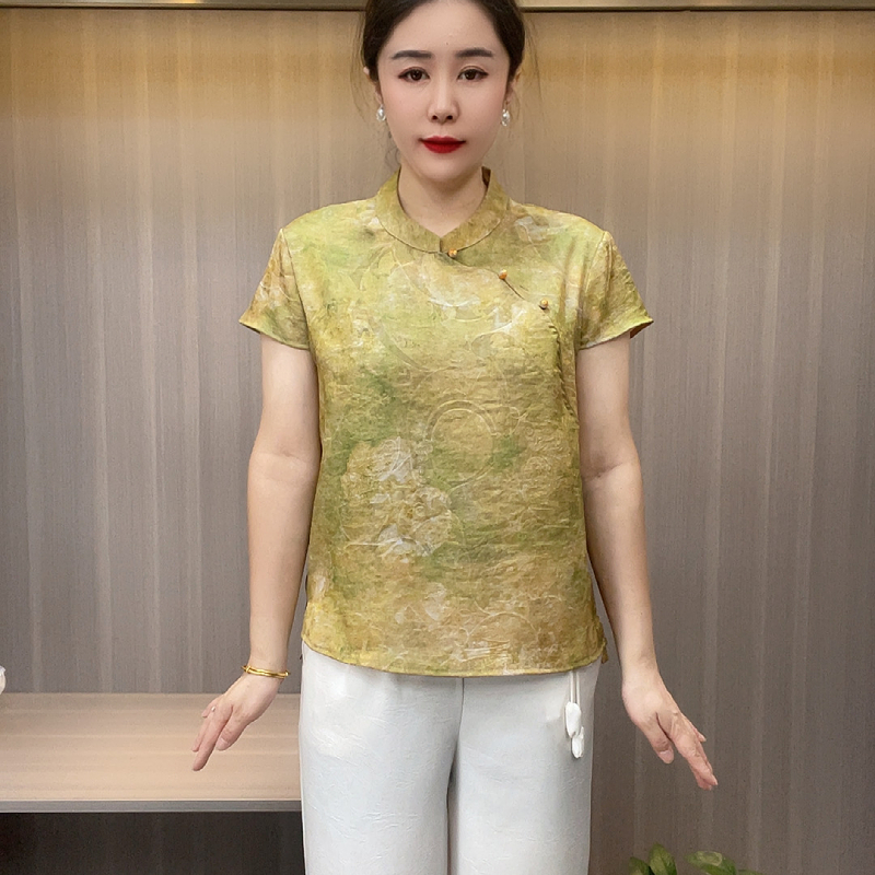 6083新款夏季短袖立领清凉舒适中老年女装精品轻薄洋气时髦妈妈装