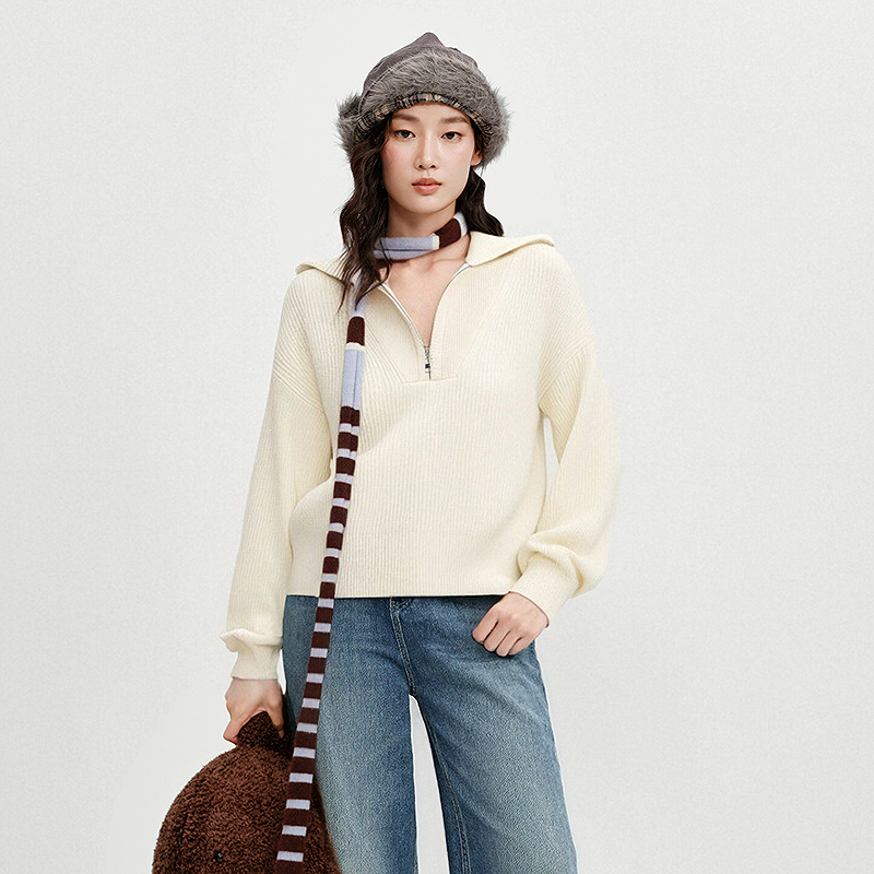 HPLY荷比俪冬100绵羊毛半开拉链设计翻领修身显瘦毛衫HDF42651186