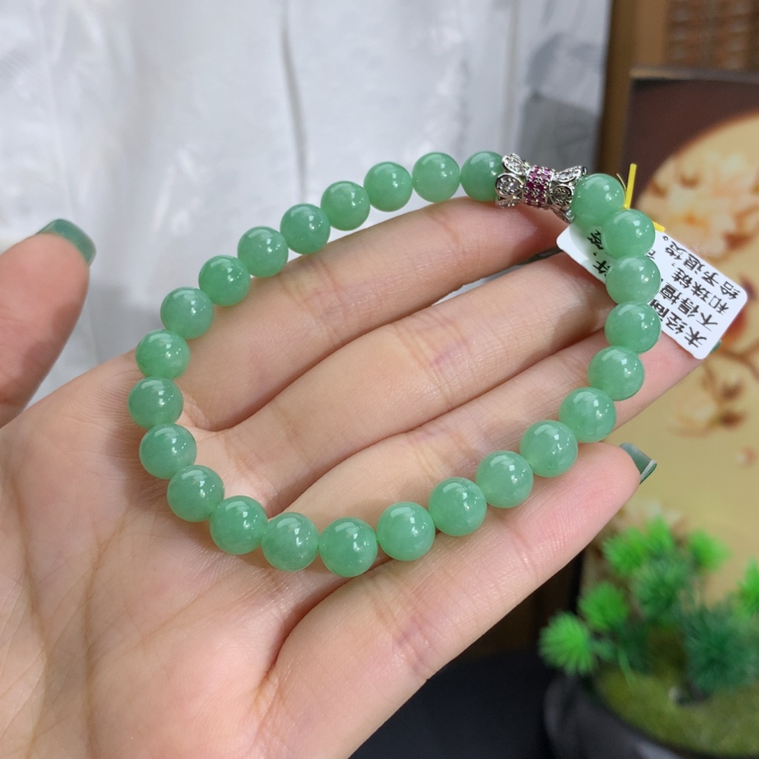 未镶嵌手串翡翠卡7.0冰润草绿底手串