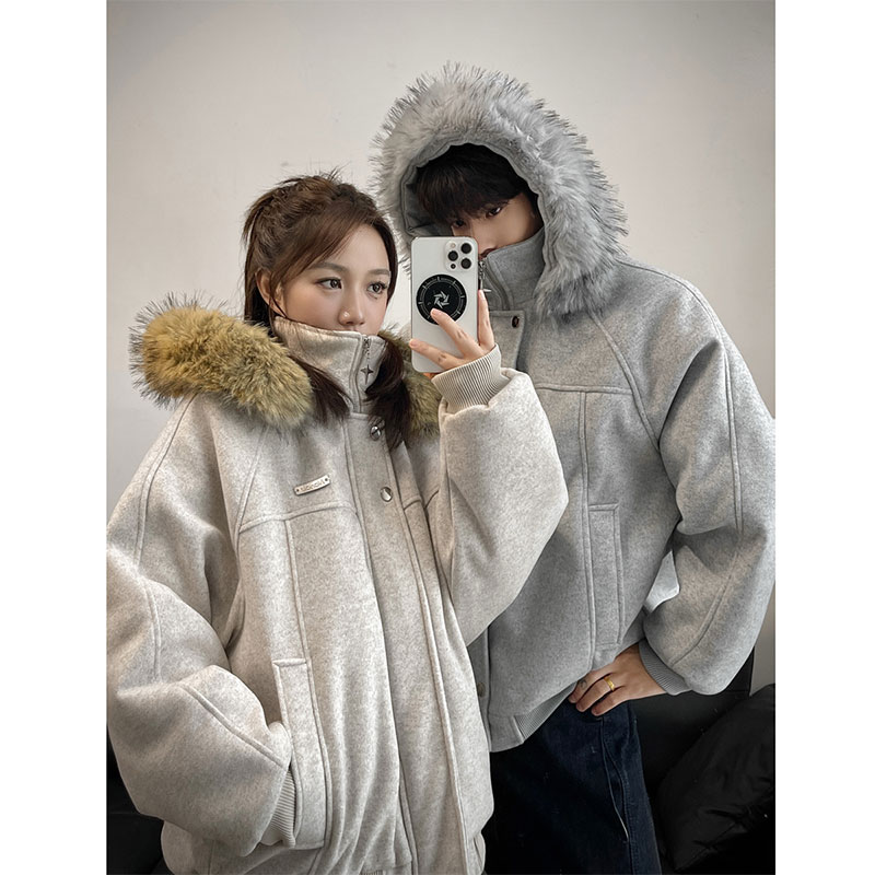 美式cleanfit复古座山雕毛领棉服男冬季情侣加厚保暖呢料棉衣外套