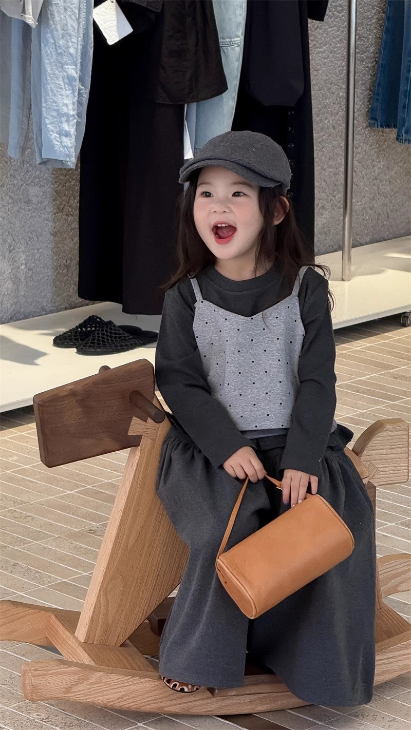 女童套装波点吊带背心秋季新款儿童圆领打底衫女童秋装洋气套装