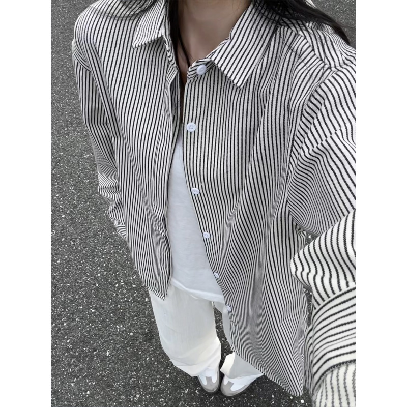 美式黑白条纹衬衫男女款夏季设计感小众长袖防晒衬衣cleanfit外套