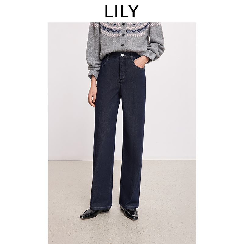 LILY2025冬新款复古深色加绒原色直筒裤牛仔裤女长裤125459GJ911
