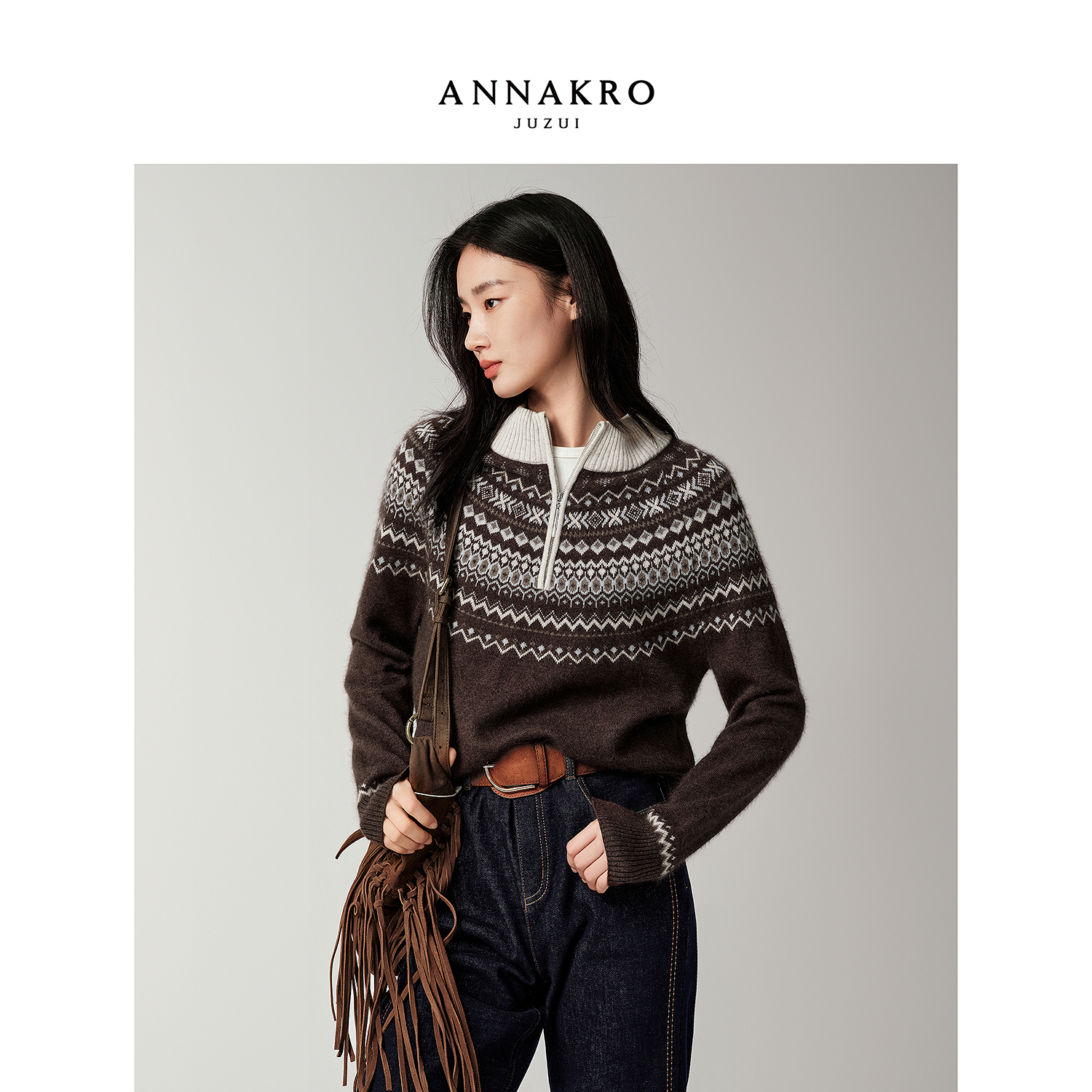 【小余专属】玖姿·安娜蔻KWFD31036费尔岛半高领长袖针织衫女2025