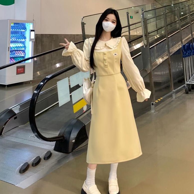 包包专属大码秋冬季新款娃娃领小众设计感假两件连衣裙8815