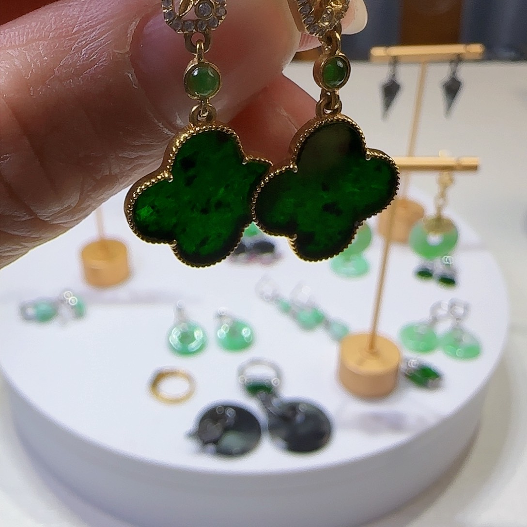 翡翠耳饰银S925镶嵌天然缅甸a货翡翠