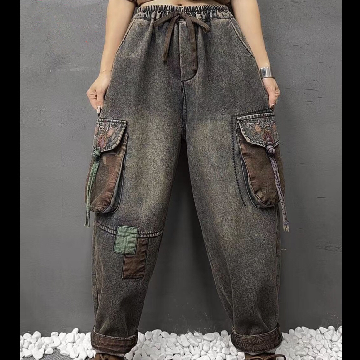 【铃铃】春款炒色水洗宽松绿穗盘扣牛仔老爹裤腰围110臀围140裤长93