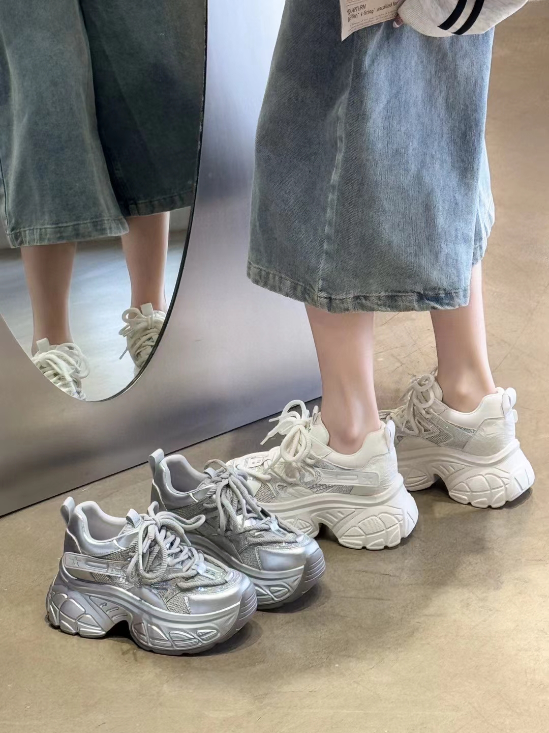 银色内增高厚底老爹鞋女鞋2025新款春夏季镂空透气休闲运动小白鞋