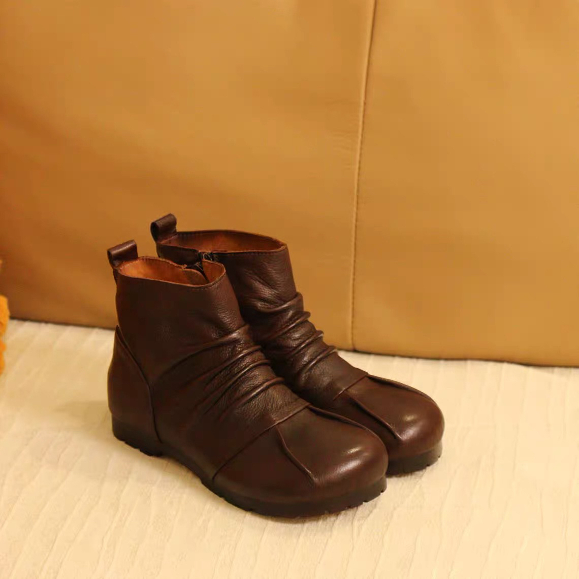 3962-21牛皮圆头休闲侧拉链女短靴靴子单靴