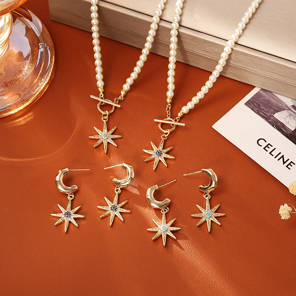 铜锆石项链 幸运八芒星珍珠项链欧美风高级感时尚精致锁骨链