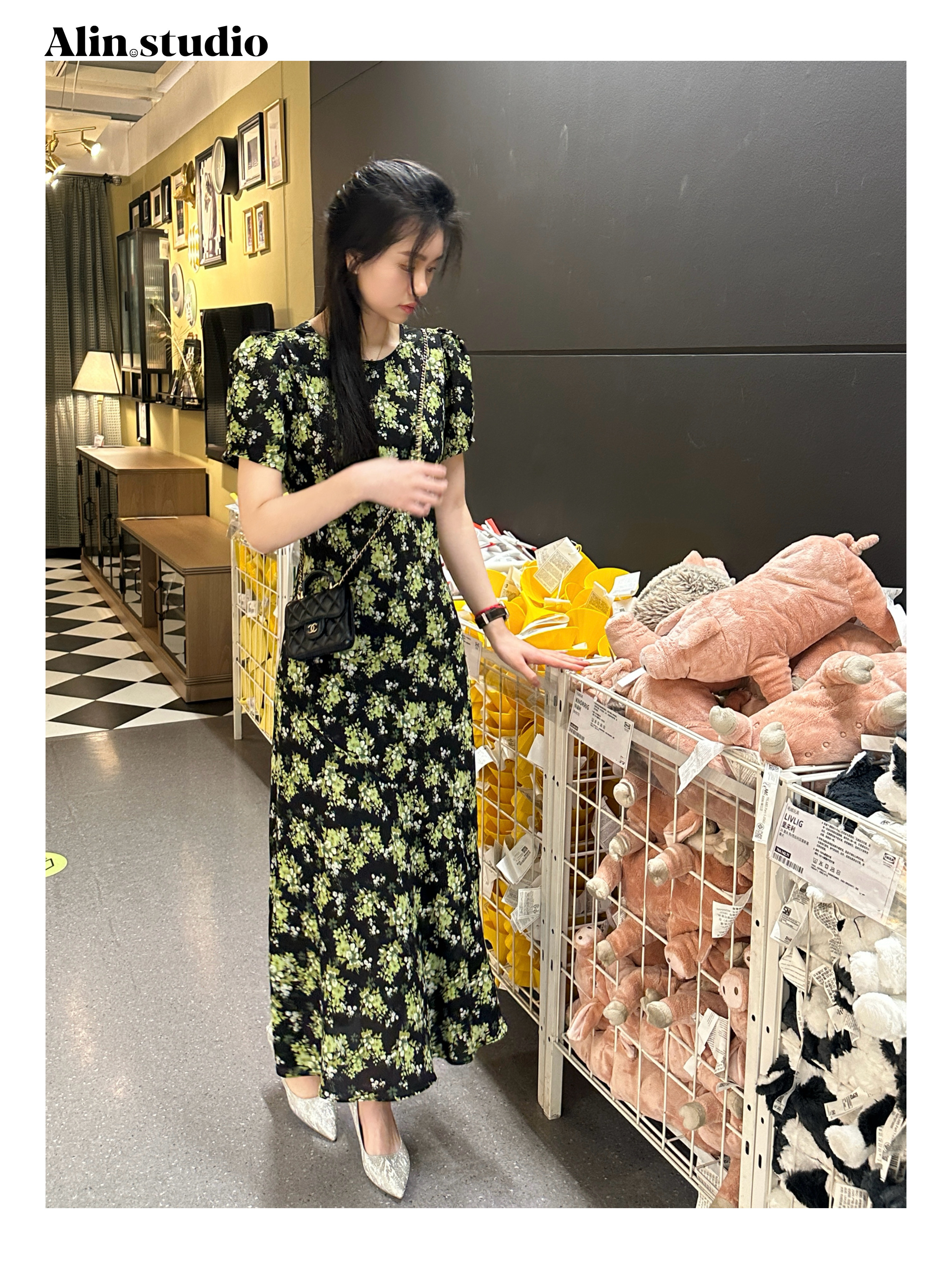 【黑绿】（有纽扣）优雅斜裁油画花卉连衣裙收腰显瘦法式复古碎花裙