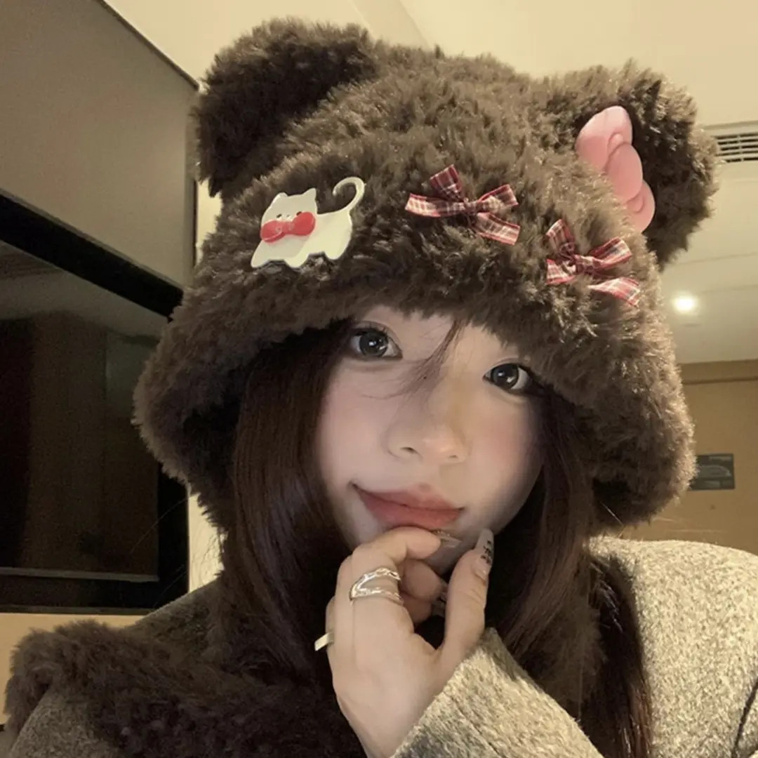 新款可爱小熊耳朵猫咪蝴蝶结帽子毛绒绒加厚大头围显脸小百搭帽子