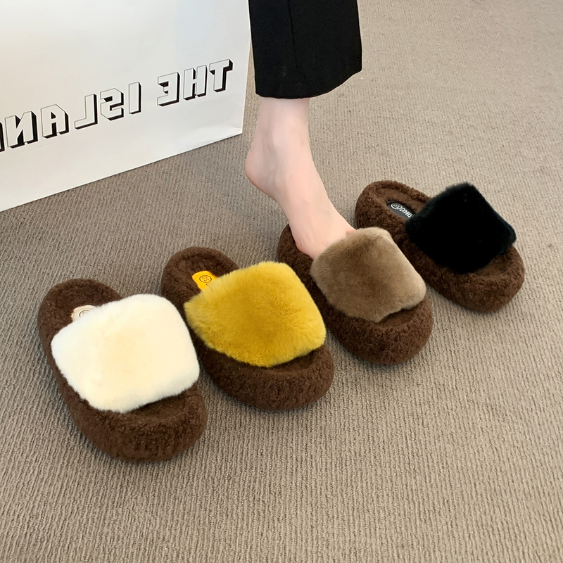 5cm增高小个子厚底毛毛拖鞋女外穿2025秋冬新款毛茸茸保暖棉拖鞋