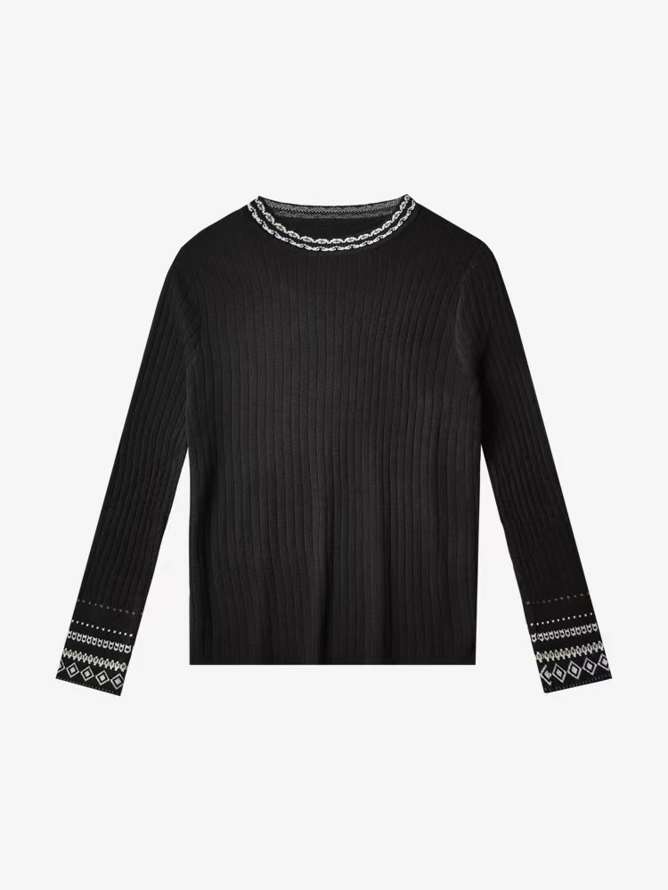 民族风复古提花软糯圆领套头针织长袖上衣 