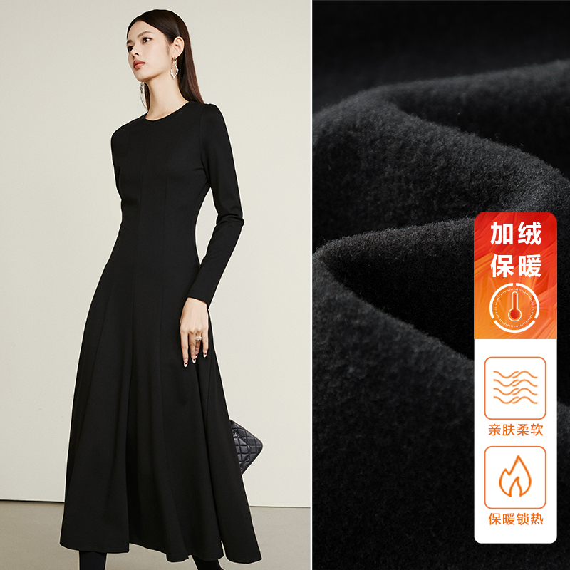 晚白2025年秋新款时尚休闲裙子纯色高腰加绒连衣裙25070714