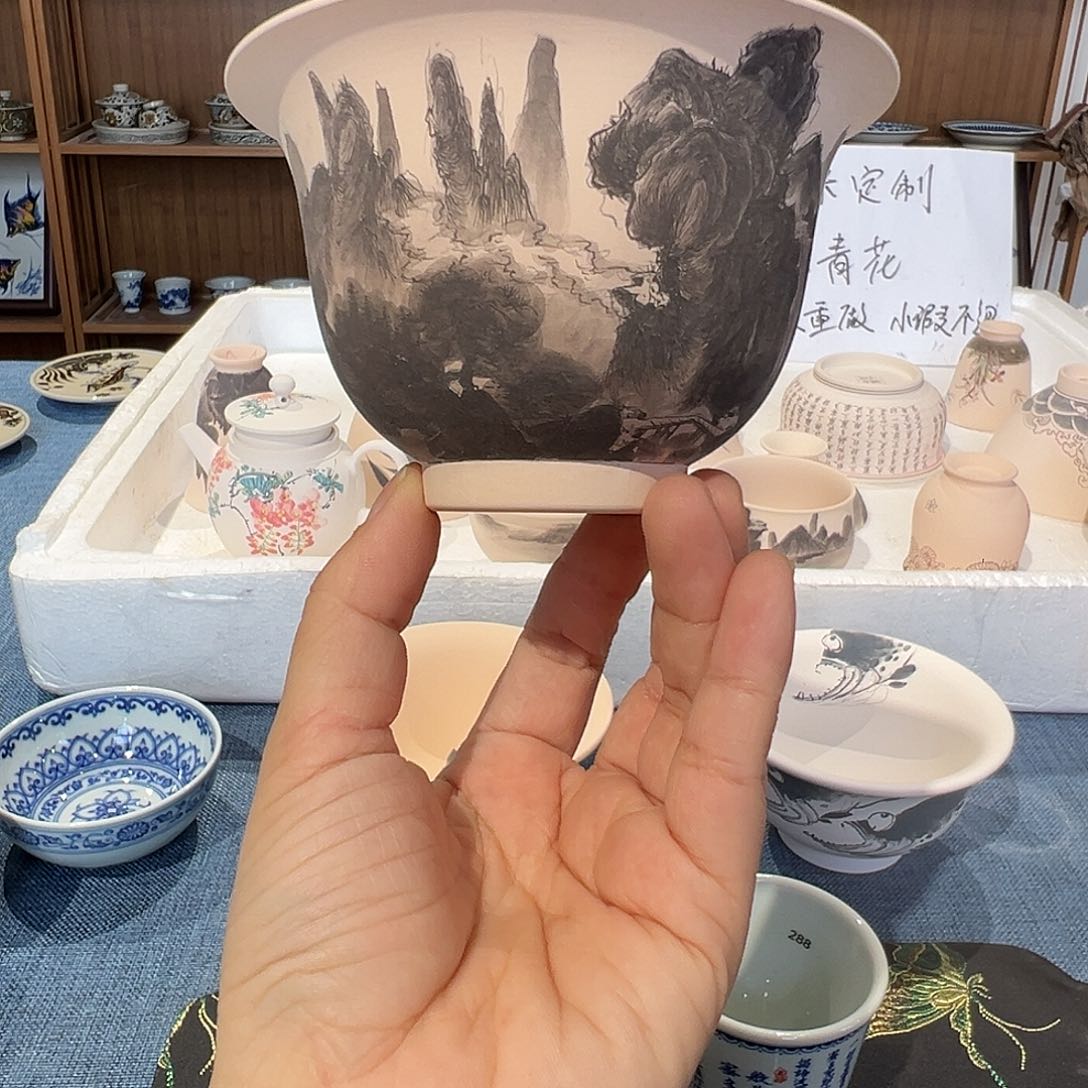 青花山水盖碗定制