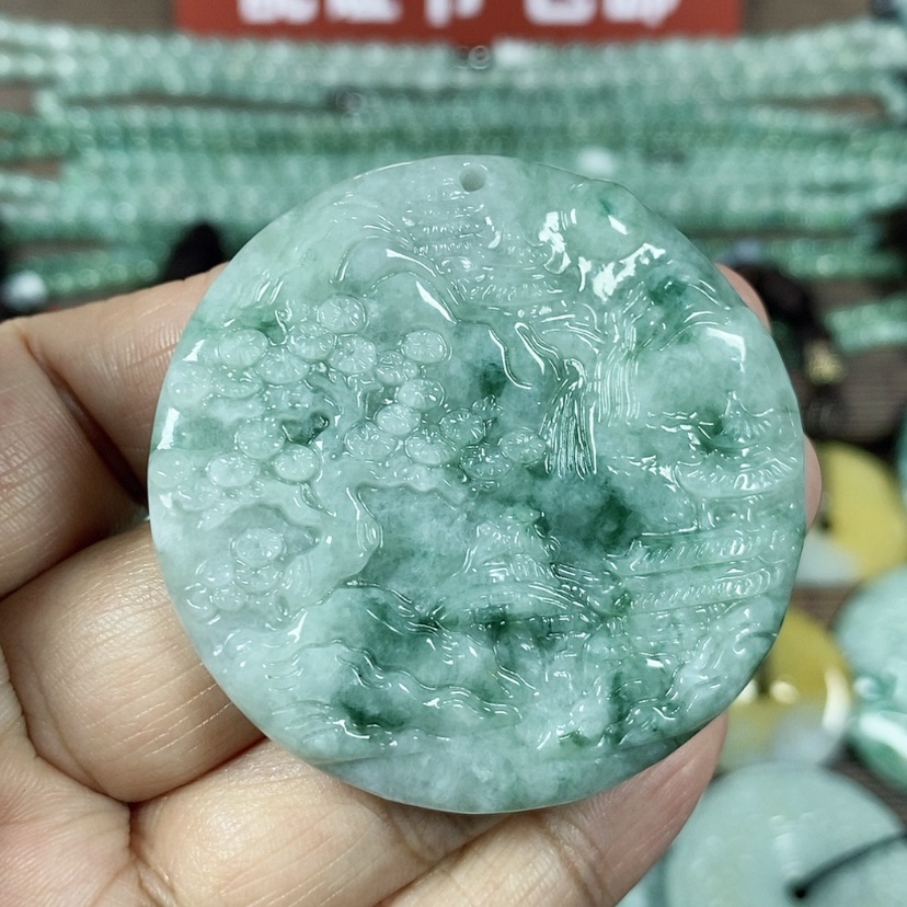 【闪购商品】翡翠颈饰未镶嵌玉吊坠翡翠玉圆形山水牌