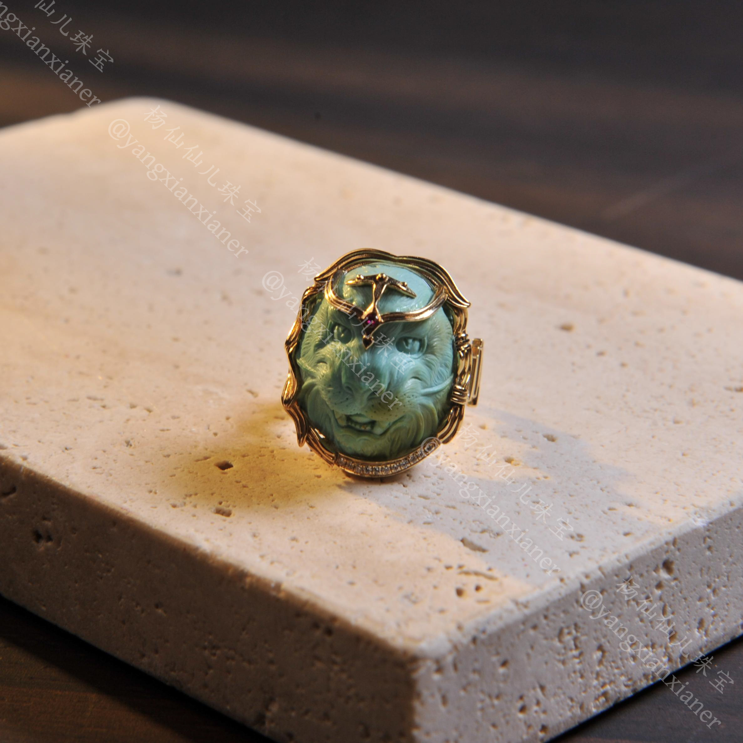 【杨仙仙珠宝】18K厚金镶嵌绿松石多宝戒指-12圈口-3628