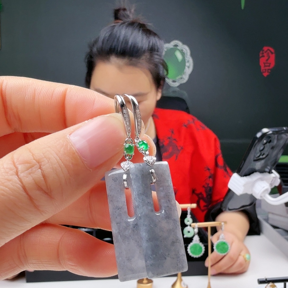 翡翠银S925镶嵌耳饰