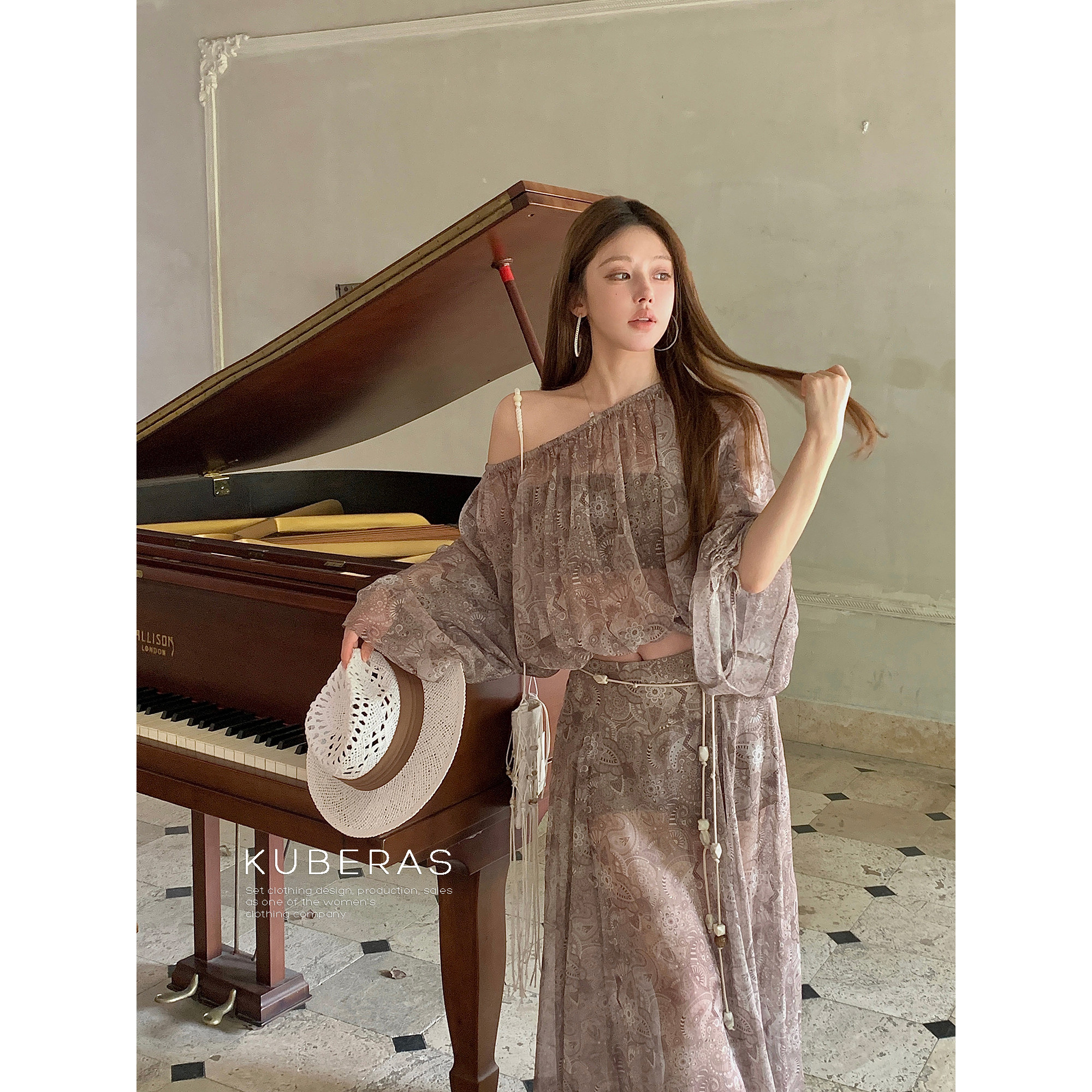 KUBERAS一字斜肩高级腰果花蝙蝠袖薄款雪纺短上衣A字垂感长裙套装