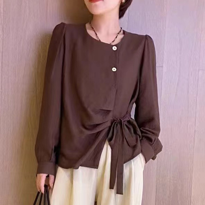 只发新疆  女士圆领侧系扣绑带长袖衬衫  24803