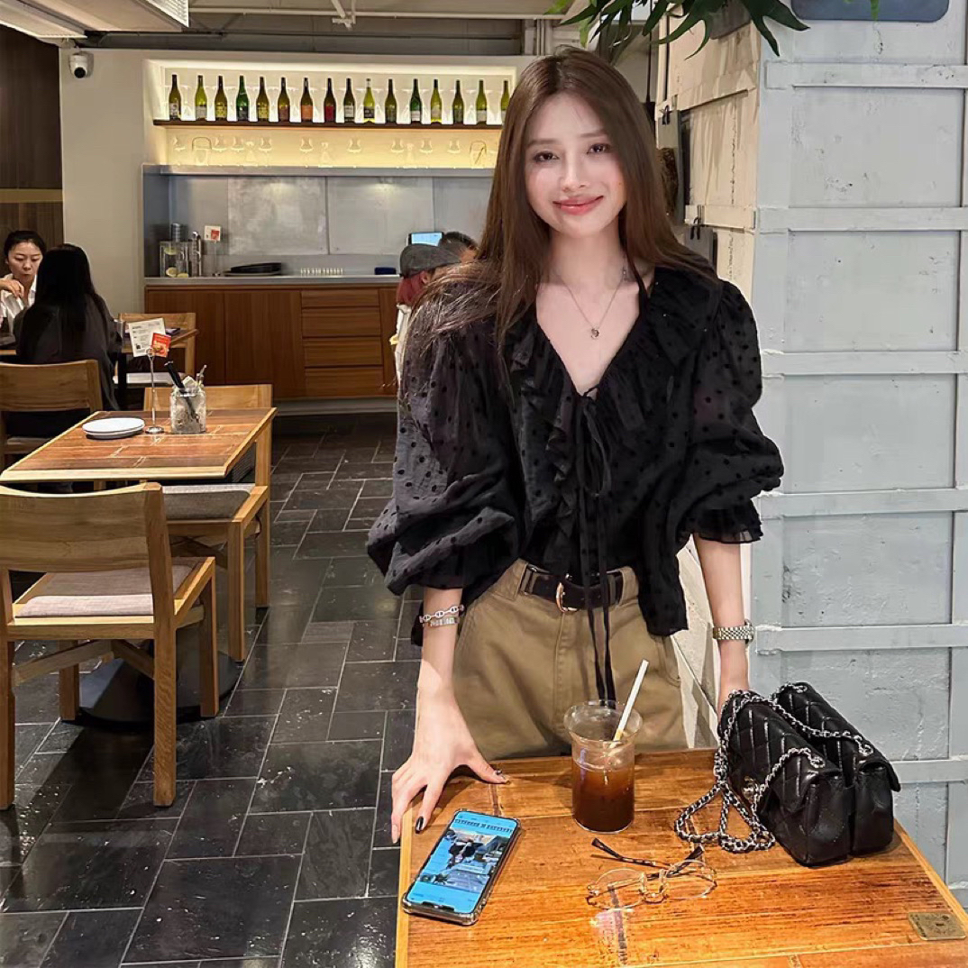 2025新款法式波点泡泡袖V领系带衬衫高腰宽松休闲裤百搭显瘦上衣