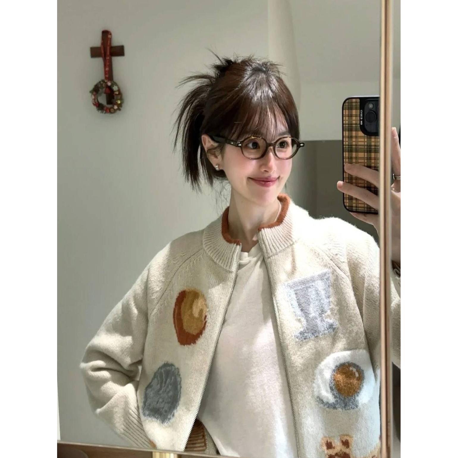 慵懒风重工提花拉链毛衣开衫女秋装新款韩版宽松针织开衫外套上衣