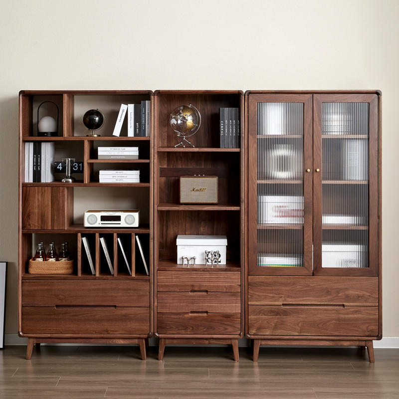实木书柜黑胡桃木展示柜北欧书房置物柜玻璃门收纳柜书架书橱组合