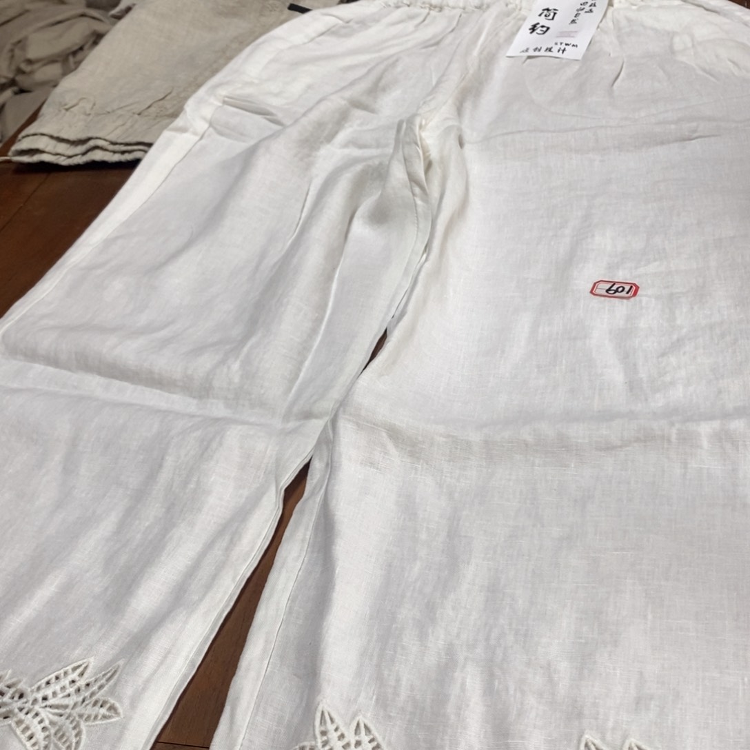 棉蚕丝绸缎109-亚麻裤子白