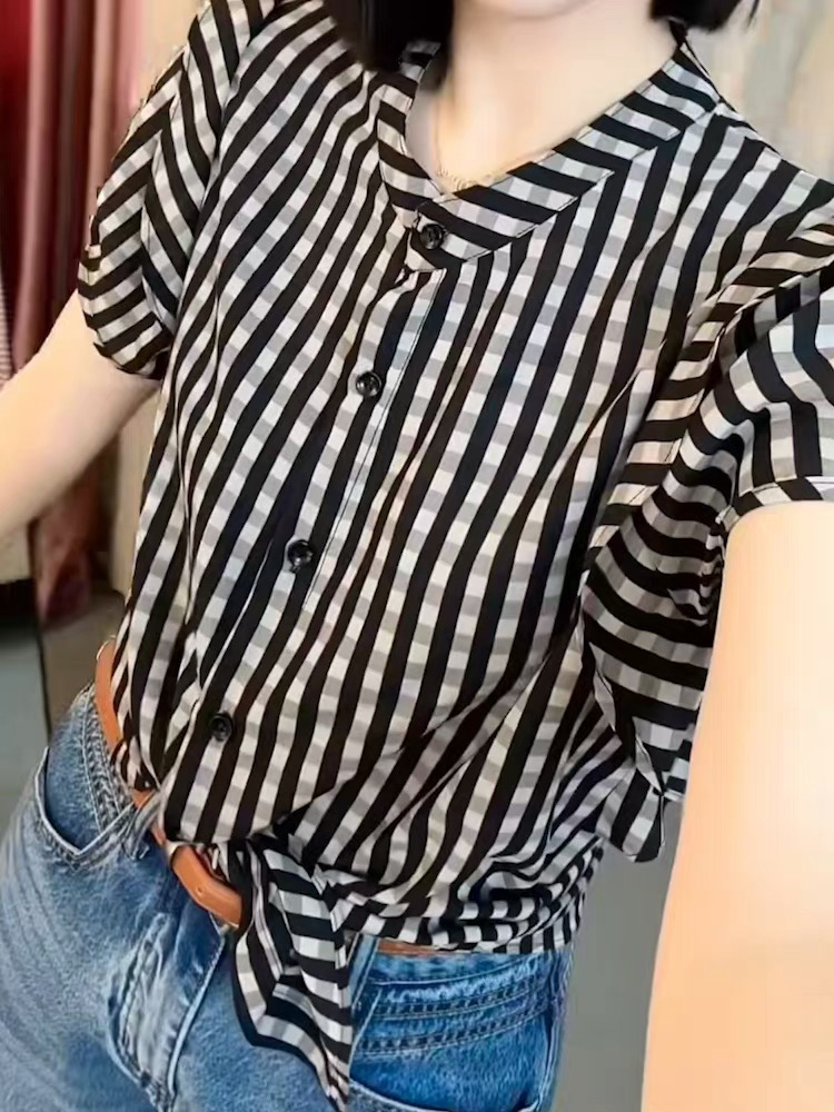 港味复古轻熟法式小众百搭显瘦减龄黑白格子衬衫小衫