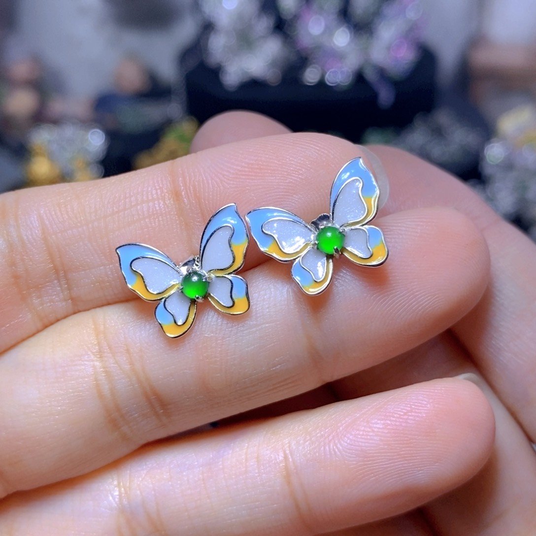 翡翠银S925镶嵌耳饰天然翡翠