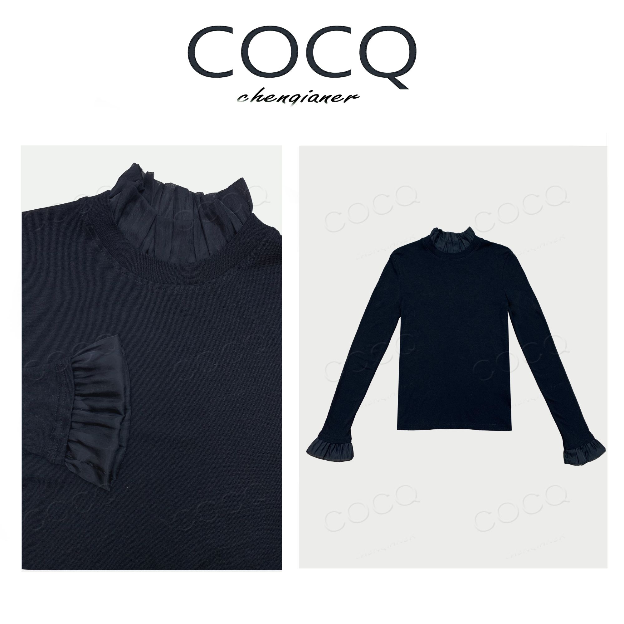 【COCQ】半高领木耳边拼接长袖打底上衣亲肤简约休闲百搭