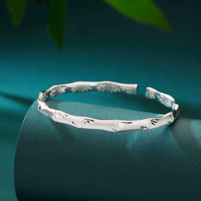 足银手镯 气质百搭磨砂竹节手镯