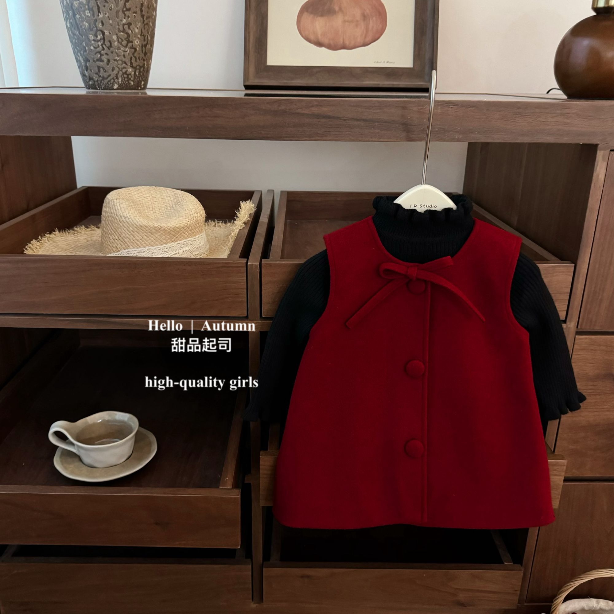 【甜品起司】原创！女童新年款红色呢子礼服背心裙洋气拜年服
