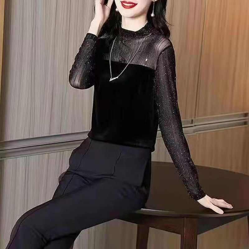 半高领蕾丝打底衫女内搭长袖纱纱新款网纱小衫黑色蕾丝打底衫网纱