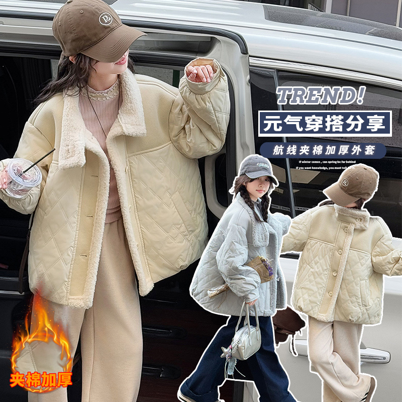 女童秋冬款航线拼接夹棉加厚外套中大童儿童女孩新款洋气保暖上衣