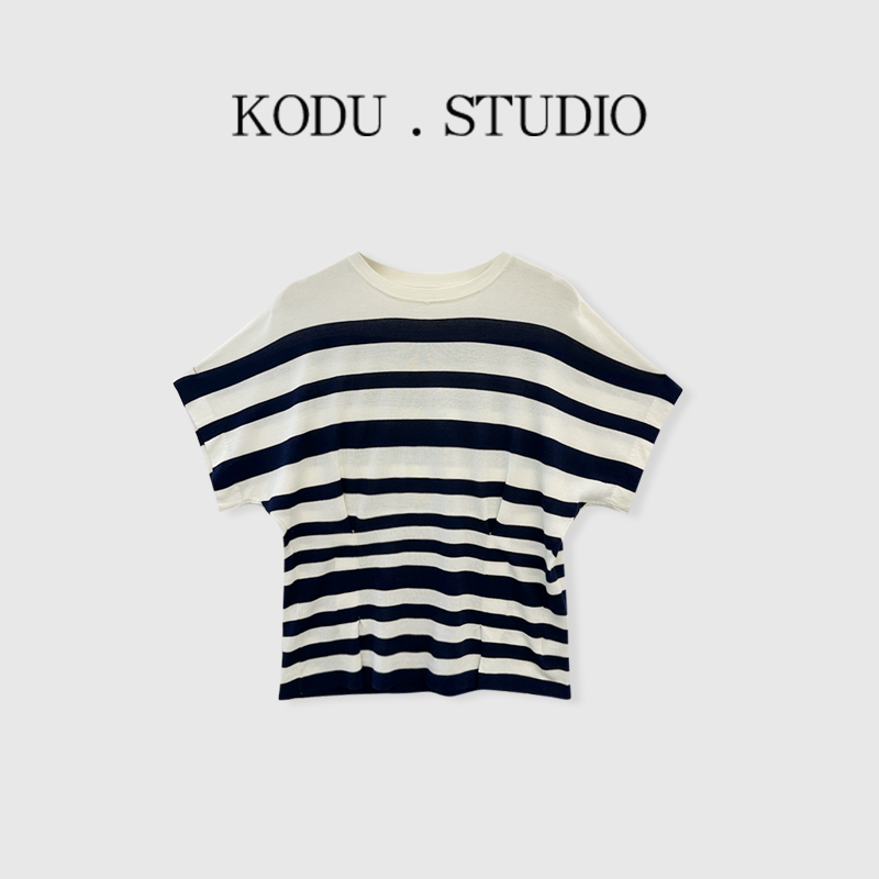 X【刻度KODU】MT-5360夏季新品设计感气质圆领蝙蝠袖收腰条纹针织衫