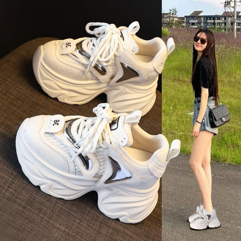 HZ8070-1厚底内增高网面运动休闲鞋女2025秋季新款松糕轻便老爹鞋