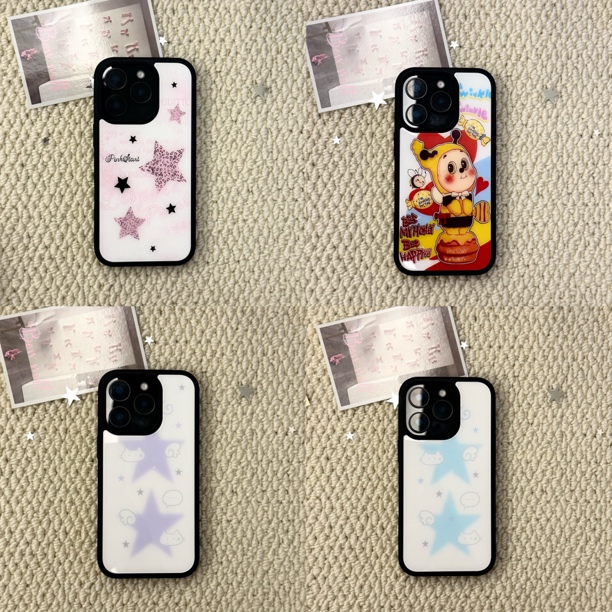 [黑边玻璃壳]百搭ins 风卡通可爱手机壳适用于iPhone 16多型号