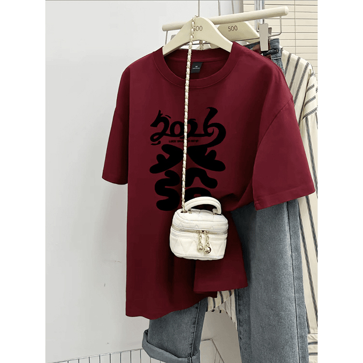 2026新款“發”字印花宽松大码情侣装纯棉短袖T恤女款爆款潮牌上衣