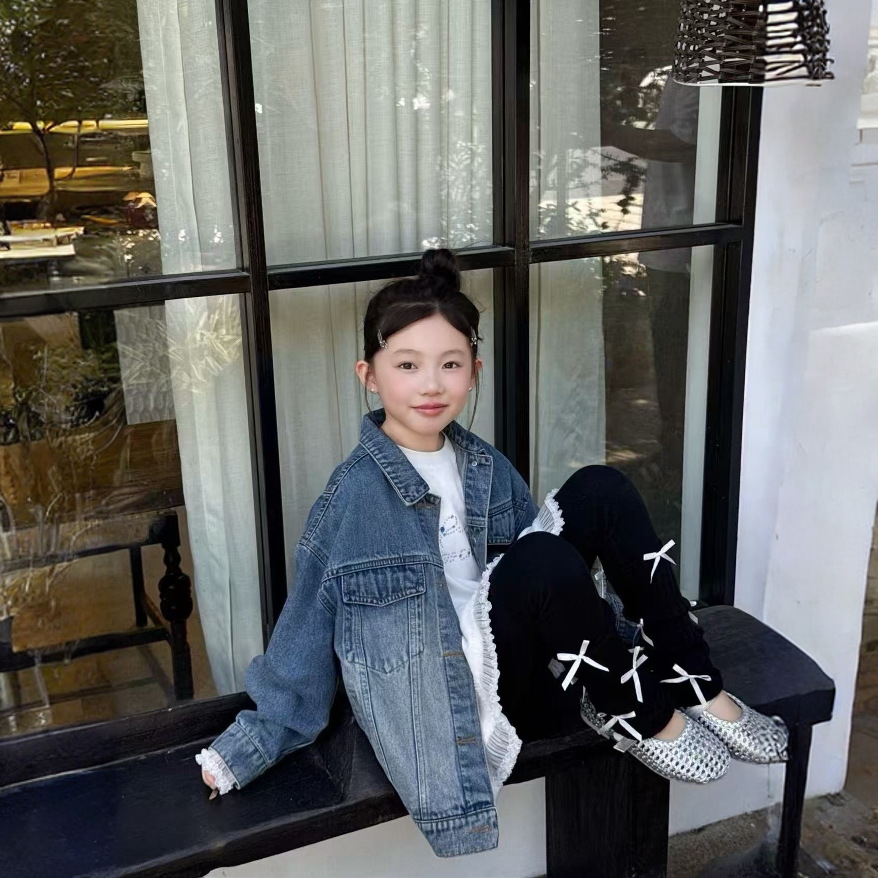 女童2025中大童女童韩版休闲kt猫印花绣珠片夹克牛仔外套253252 