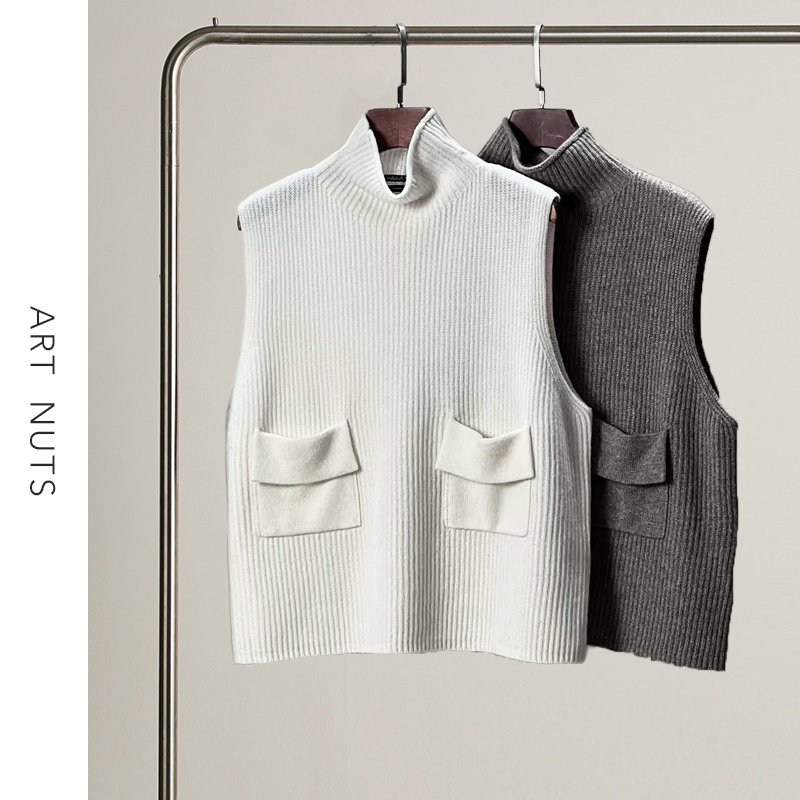 悦迷Art Nuts  优雅又温暖 纯色立领插袋山羊绒复古马甲背心