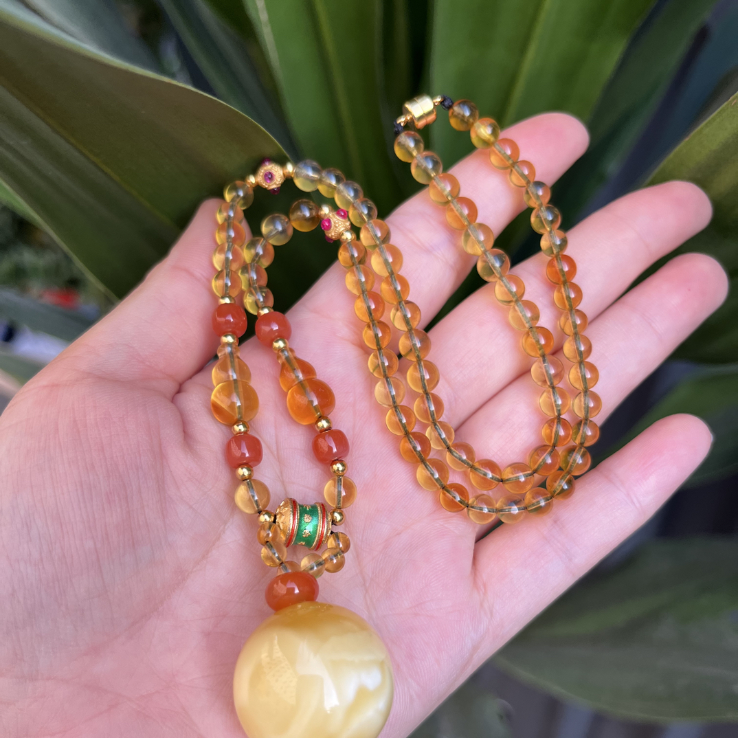 琥珀白花蜜蜡圆珠锁骨链，大珠23m+，一套19.8g天然原矿保真