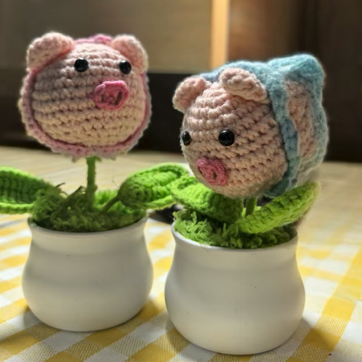 创意手工毛线编织小猪盆栽成品节日生日礼品
