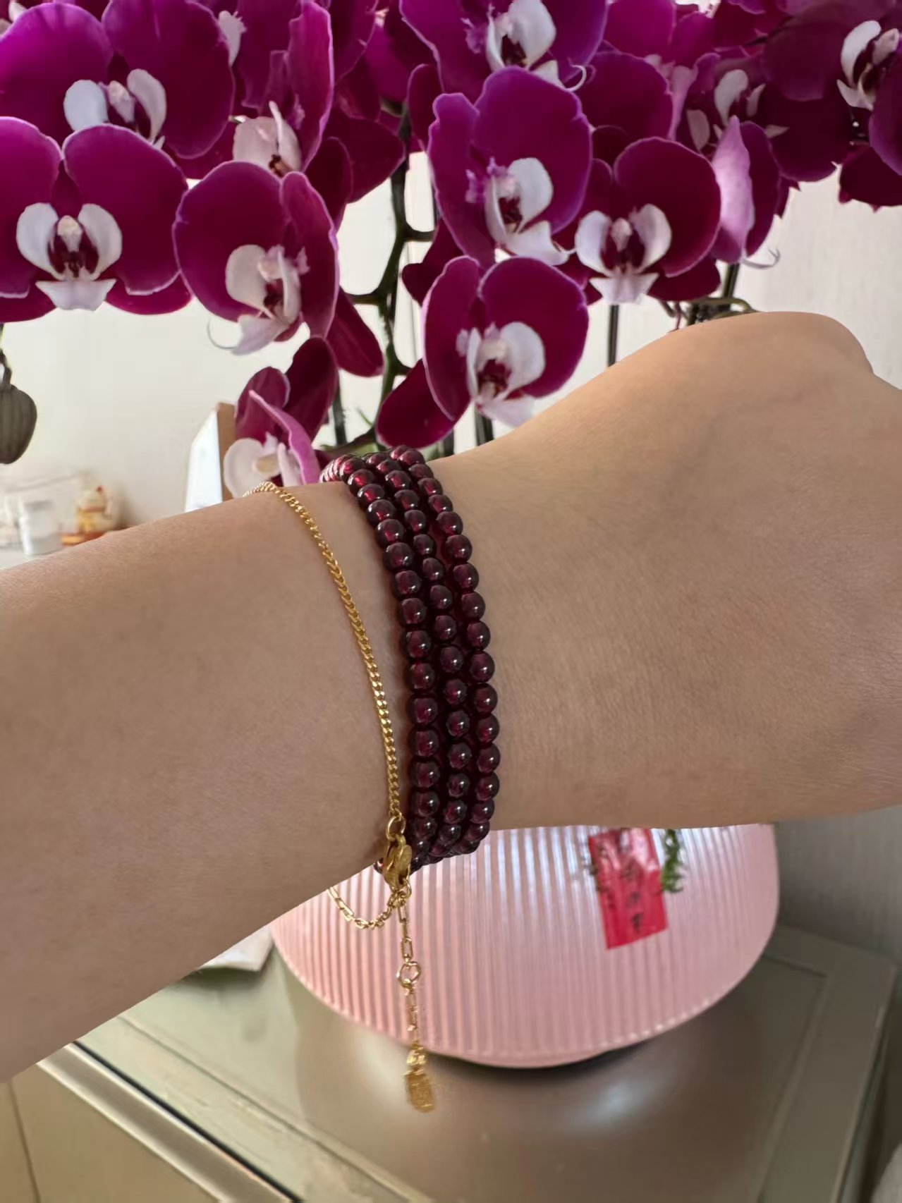 非金属仿水晶手链 精品石榴石三串(3.5-4mm)