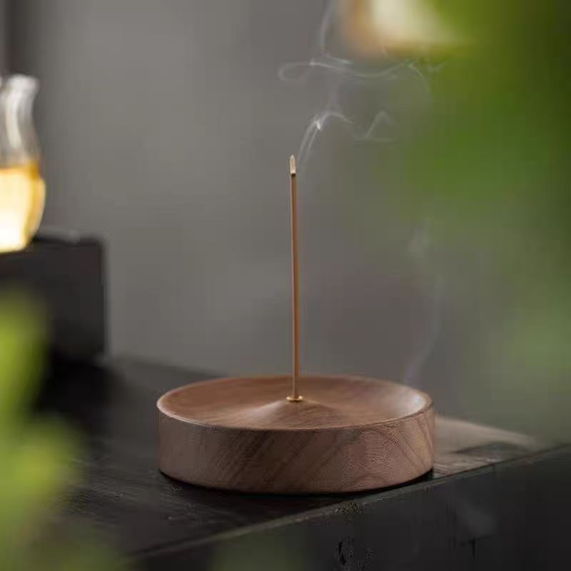 黑胡桃色实木家用线香插手工茶道圆形香炉香底座沉香盘托